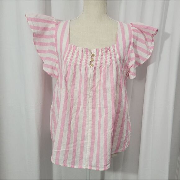 Draper James RSVP Pink & White Linen Striped Flutter Sleeve Top Blouse - Picture 2 of 10